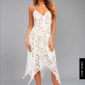 Lulus One Wish White lace midi dress